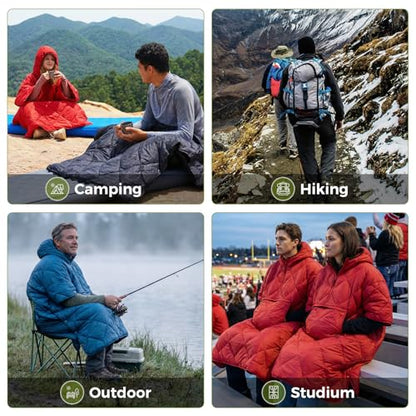 ATEPA Wearable Sleeping Bag Blanket Poncho, Recycled Water-Resistant Camping Poncho, Stadium Blanket for Outdoor Sports - color: Red