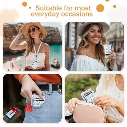 Yonlevres Credit Card Holder Slim Wallet Women, Floral Flowers RFID Blocking Small Front Pocket Travel Cute Thin ID Window PU Leather Mini Organizer Case Purse Gift Woman Girls Ladies - color: Floral Blue