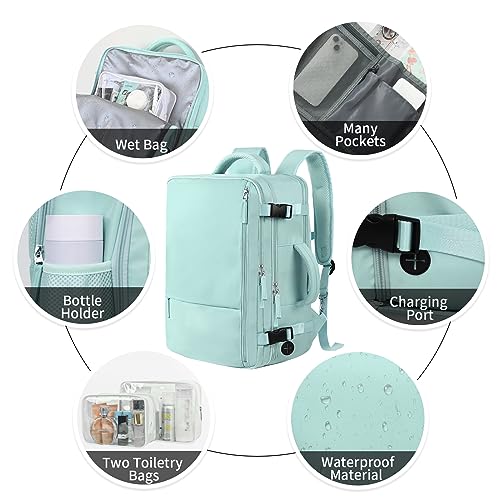Hanples Large Travel Backpack for Women as Person Item Flight Approved, 35L Carry on Backpack, 17 Inch Laptop Backpack, Waterproof Backpack,Casual Bag with 2 Toiletry Bags (Mint Green) - color: Mint Green, size: Large