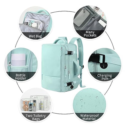 Hanples Large Travel Backpack for Women as Person Item Flight Approved, 35L Carry on Backpack, 17 Inch Laptop Backpack, Waterproof Backpack,Casual Bag with 2 Toiletry Bags (Mint Green) - color: Mint Green, size: Large