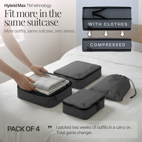 4-Piece Luxury Compression Packing Cubes & Bags for Travel – Maximize Space in Luggage with HybridMax Double-Capacity Design, 50 Luggage Tags, Patented Suitcase Organizer Bags, Lifetime Satisfaction - color: Grey, size: 4-piece