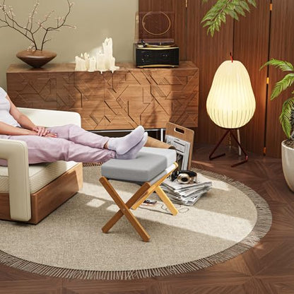 BAMBOOHOMIE Foldable Foot Stool Ottoman, Modern Foot Rest with Bamboo X Legs & Thick Foam Cushion, Folding Foot Stools Small Padded for Bedroom Living Room, Footstool for Chair Couch (Natural - Grey) - color: Natural - Grey