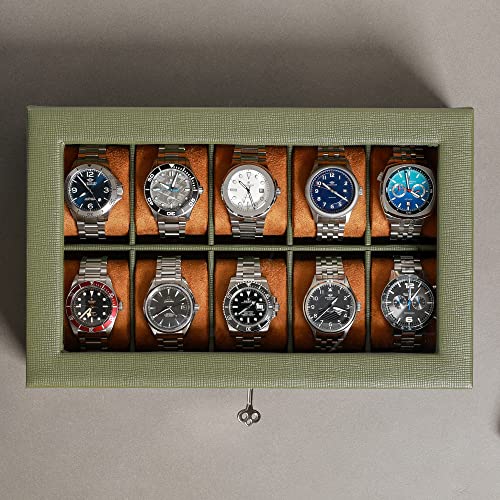 ROTHWELL 10 Slot Leather Watch Box - Luxury Case Display Jewelry Organizer - Locking Watch Display Case Holder with Large Glass Top - Box Organizer for Men and Women (Green/Tan) - color: Green / Tan