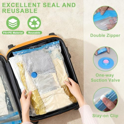 15 Pack Vacuum Seal Bags for Clothing Travel with -60000Pa USB Pump, Save 80% of Space for Clothes (15 Combo) - size: 15 Combo