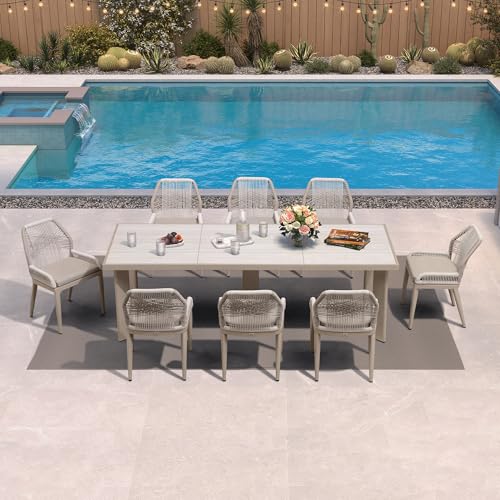 PURPLE LEAF 9 Pieces Patio Dining Set Aluminum Modern Rectangular Table and Wicker Chairs with Cushions for Kitchen Porch Garden Outdoor Furniture Sets, Champagne - color: Champagne, size: 9 PCS, style: Rectangular
