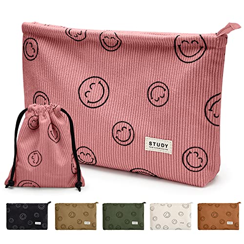 WLLWOO Makeup Bag-2pcs Smile Face Corduroy Cosmetic Bag Zipper Interior Waterproof Pencil Case Coin Purse Travel Toiletry Small Makeup Pouch For Women - color: Pink