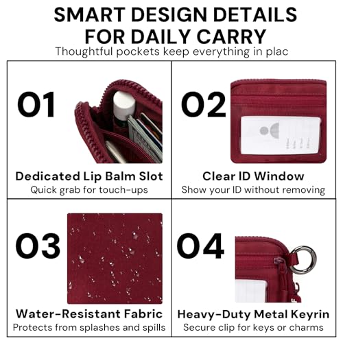 Keychain Wallet for Women Mini Zip Card Holder with ID Window Coin Purse Detachable Wristlet Small Wallets Burgundy - color: Burgundy