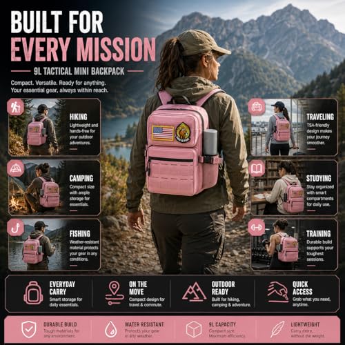 9L Mini Tactical Molle Backpack 9L Small Gym Bag Small Military Assault EDC Backpack for Men Women With Fishing,Hiking,Camping,Traveling,Yoga,Work(Pink) - color: Pink
