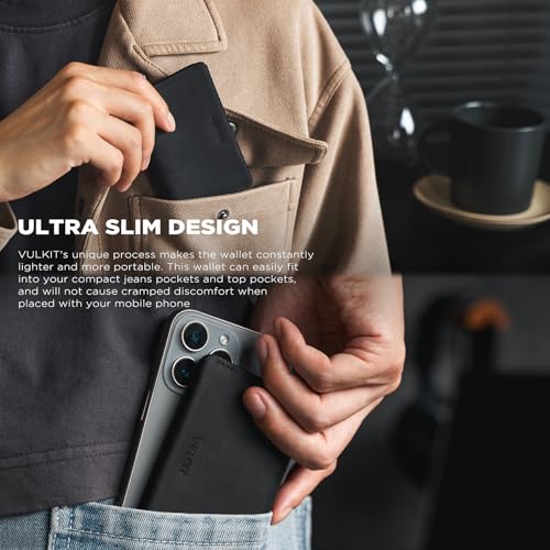 VULKIT Slim Minimalist Card Holder RFID Blocking Leather Credit Card Holder Front Pocket Wallet Magnetic Closure, Handcrafted Cowhide Version - color: Handicrafts Cowhide- Black