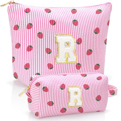 Personalized Initial Makeup Bag,Strawberry Print Preppy Cosmetic Toiletry Travel Bag,Trendy Letter Makeup Pouch for Teen Girls and Women,Holiday & Birthday Gift,2 Pack (R, Pink Strawberry) - style: R