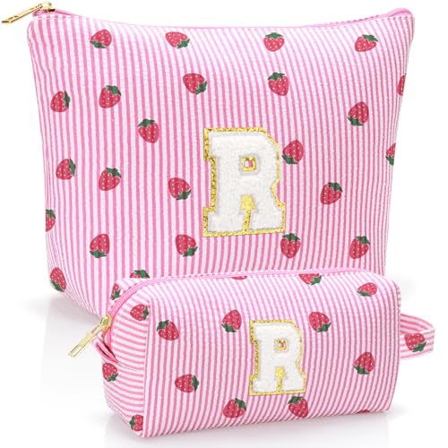 Personalized Initial Makeup Bag,Strawberry Print Preppy Cosmetic Toiletry Travel Bag,Trendy Letter Makeup Pouch for Teen Girls and Women,Holiday & Birthday Gift,2 Pack (R, Pink Strawberry) - style: R