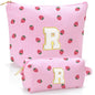 Personalized Initial Makeup Bag,Strawberry Print Preppy Cosmetic Toiletry Travel Bag,Trendy Letter Makeup Pouch for Teen Girls and Women,Holiday & Birthday Gift,2 Pack (R, Pink Strawberry) - style: R