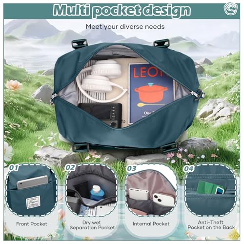 Small Gym Duffle Bag for Women, Mini Cute Weekender Handbag Carry on Travel Bag for Airplane, Water Resistant Sports Yoga Tote Bag with Dry Wet Separated Pocket - color: X-Peacock Blue