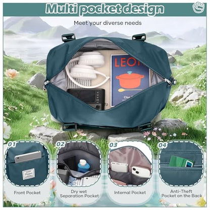Small Gym Duffle Bag for Women, Mini Cute Weekender Handbag Carry on Travel Bag for Airplane, Water Resistant Sports Yoga Tote Bag with Dry Wet Separated Pocket - color: X-Peacock Blue