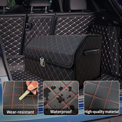 Trunk Organizer for Car With Lid,Foldable Trunk Organizer for SUVs & Sedans,Multi-Functional Leather Storage Box- Black Red Grid - Small - color: Black Red Grid, size: Small