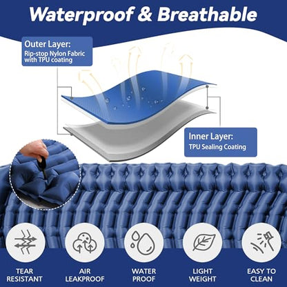 Double Sleeping Pad for Camping - Ultralight Air Mattress with Pillows, Built-in Foot Pump, Compact Inflatable 2-Person Portable Mat for Backpacking, Hiking, Tent, Car Travel, Beach，Road Trip - color: Navy Blue