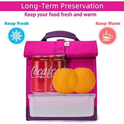 SUNNY BIRD Insulated Lunch Bag Rolltop Lunch Box Tote Lunchbox Bag for Women, Girls, Teens and Kids (Purple) - color: Purple