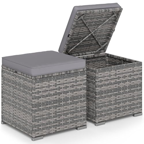 Tangkula 2 Pieces Patio Ottomans, Patiojoy Hand-Woven PE Rattan Side Table with Removable Cushion & Hidden Storage Space, Multifunctional Storage Box, Seat for Patio, Backyard, Poolside (Light Grey) - color: Light Grey, size: 16"D x 16"W x 15.5"H