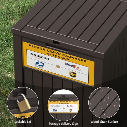 LHBGO Package Delivery Box for Outside, with Delivery Sign 48 Gallon Storage with Lockable Secure, Large Resin Outdoor Package Drop Container - color: Brown with Delivery Sign