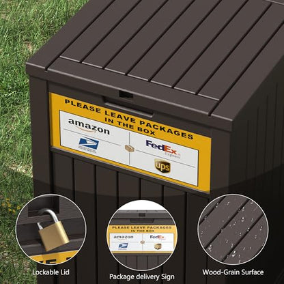 LHBGO Package Delivery Box for Outside, with Delivery Sign 48 Gallon Storage with Lockable Secure, Large Resin Outdoor Package Drop Container - color: Brown with Delivery Sign