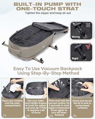 Vacuum Seal Travel Backpack Built-in Pump,Air Compression System Vacuum Vacpack Backpack Travel Bag for Women Men Carry On Suitcase Luggage Laptop Airlines Approved Daypack Space Saver Bags Grey Brown - color: A1-greybrown