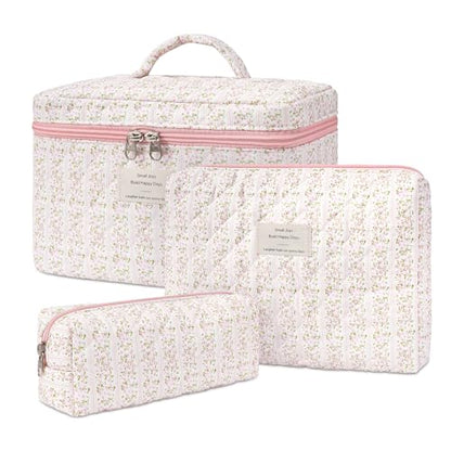 honitty Makeup Bag,Quilted Cosmetic Bags,Large Floral Make Up Organize bag,Makeup Bag Set for Women,Flower Travel Toiletry Bag - color: Pink flower