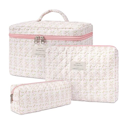 honitty Makeup Bag,Quilted Cosmetic Bags,Large Floral Make Up Organize bag,Makeup Bag Set for Women,Flower Travel Toiletry Bag - color: Pink flower