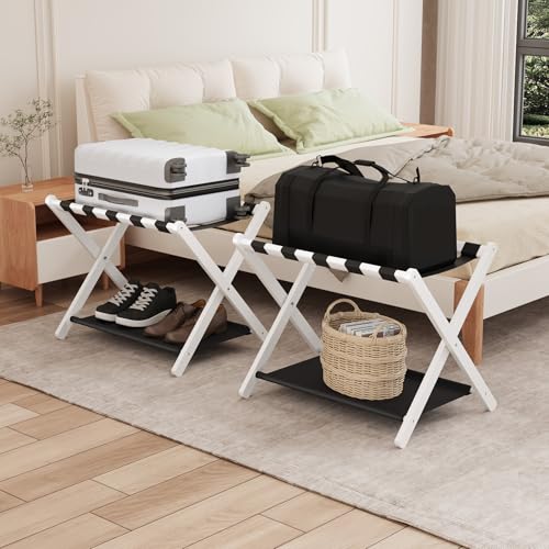 Smuxee White Bamboo Luggage Rack Pack of 2, Foldable Suitcase Stand with Storage Shelf, Easily Assembled Luggage Stand with 5 Nylon Straps for Guest Room Bedroom Hotel - color: White 2PCS
