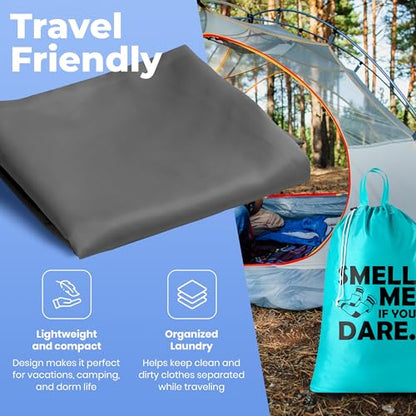 Extra Large Travel Laundry Bag - 2-Pack Fun Print Design Bags for Dirty Clothes - Durable Water-Resistant Fabric - Sturdy Drawstring Closure (Teal-Grey | Smell Me If You Dare) - color: Teal-grey | Smell Me