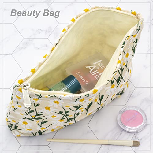 Makeup Bags for Purse Zipper Cosmetic Pouch Large Travel Canvas Make Up Organizer Tool Pouch for Women and Girls,Daisy White - color: Daisy White
