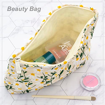 Makeup Bags for Purse Zipper Cosmetic Pouch Large Travel Canvas Make Up Organizer Tool Pouch for Women and Girls,Daisy White - color: Daisy White