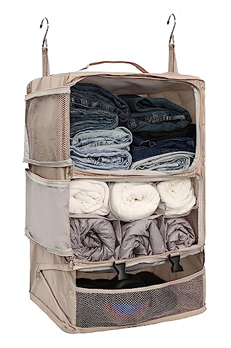 ELEZAY Hanging Packing Cubes Portable Closet 3-Shelf Travel Collapsible Compression Garment Organizer for Carry-on Luggage Suitcase Space Saver Bag XX-Large_No Side Pockets, Beige - color: Beige, size: XX-Large_16*12*24 IN