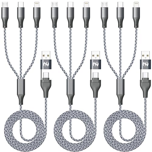 IDISON Multi Charging Cable 4ft 3Pack, MFi Certified 3 in 1 Charger Cord with Lightning USB C Micro USB, Braided Universal Cable for iPhone Android Samsung Travel Car Office Bedside - color: Black/Grey-4ft-3Pack