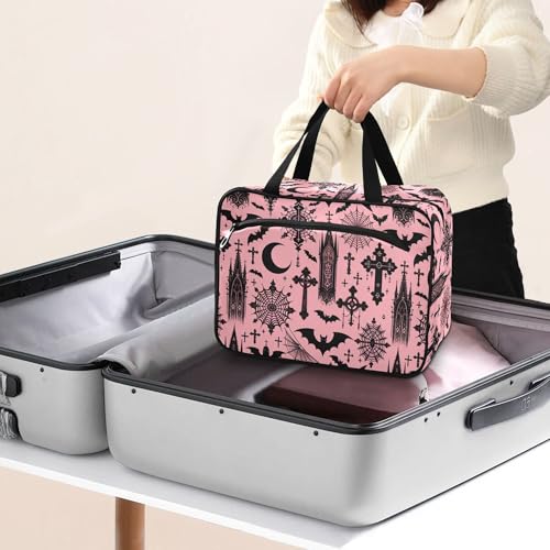MNSRUU Hanging Toiletry Bags for Women Travel, Black Gothic Moon Spider Webs and Bats Toiletry Organizer Portable Travel Clear Wash Makeup Cosmetic Bag - color: Bats I8897