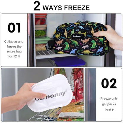Cerbonny Small Cooler Bag, Freezable Snack Bag, Mini Cooler, Small Insulated Bag For Work, School, Travel, Picnic, Camping & Daily Use - color: Black Dinosaur