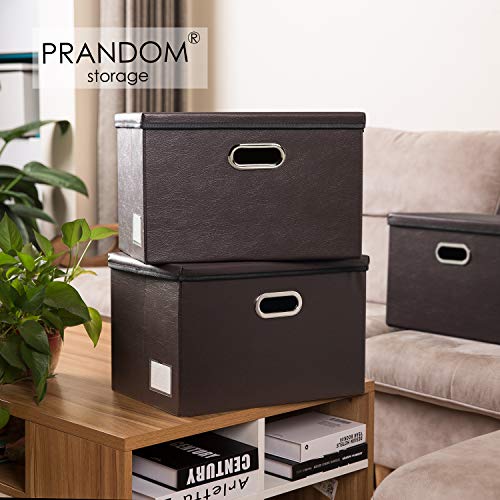 PRANDOM Large Collapsible Storage Bin with Lid [1-Pack] Leather Fabric Foldable Storage Box Organizer Containes Basket Cube with Cover for Home Bedroom Closet Office Nursery Brown (17.7x11.8x11.8) - color: Brown, size: Large(1-Pack)