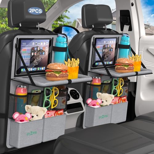 Plzpik Car Backseat Organizer with Tablet Holder,11 Storage Pockets with Foldable Food Tray, Protector Kick Mats for Kids, Travel Accessories Organizer (Gray, 2Pack with Food Tray) - color: Gray, size: 2pack