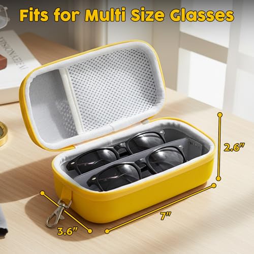 Double Eyeglasses Case,Hard Shell Glasses Case Travel Sunglasses Organizer with Adjustable Slot & Clip for Men Women - color: Yellow