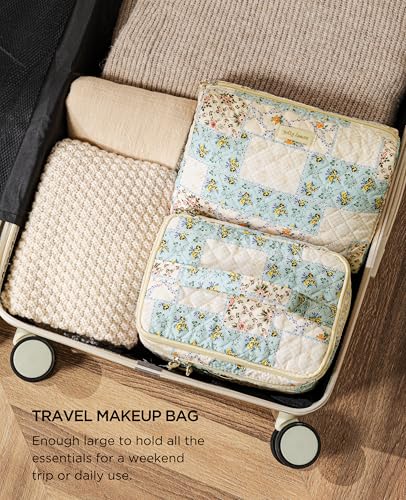 HBselect 2Pcs Travel Makeup Bag, Large Cotton Quilted Makeup Bag Cosmetic Bag Cute Make up Bag Toiletry Bags for Women Girls - color: 2PCS-BLYLFLOWER
