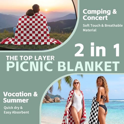 2 in 1 Extra Large Outdoor Rug Picnic Blanket Camping Mat Lightweight Oversized Giant Turkish Boho Beach Mexican Serape Cobijas Mexicanas para Mesa Park Stadium Outside Festival Grass Hammock - color: Checkered Red