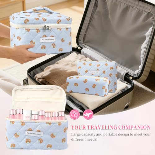 3PCS Coquette Makeup Bag,Quilted Cosmetic Bag Large Make Up Bag Set,Quilted Portable Toiletry Organizer Bag,Cotton Travel Skincare Bag for Women Girls(06-Cute Bear) - style: 06-cute Bear