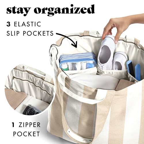 Fit & Fresh XL Beach Tote Bag for Women – XL Travel Tote with Zipper & Pockets, Oversized Canvas Pool Bag, Weekender Carry-On - color: Taupe Stripe