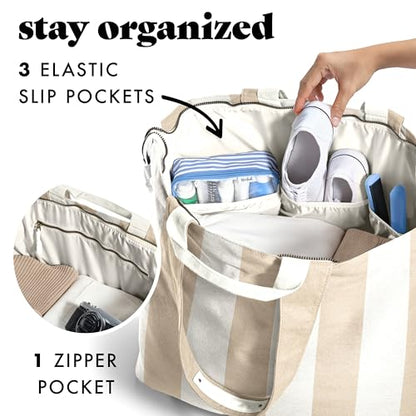 Fit & Fresh XL Beach Tote Bag for Women – XL Travel Tote with Zipper & Pockets, Oversized Canvas Pool Bag, Weekender Carry-On - color: Taupe Stripe