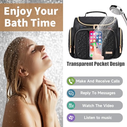 Large Toiletry Bag for Women Men,Bathroom Bag,Water Resistant Shower Bag,Makeup Bag,Toiletry Bags for Traveling,Hanging Toiletry Bag with Transparent Waterproof Phone Pocket (Black) - color: Black
