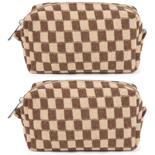 SOIDRAM 2 Pack Checkered Makeup Bag for Women, Cute Makeup Pouch Small Makeup Bag Travel Cosmetic Organizer for Toiletries, Brushes & Skincare - color: Brown, size: 2 Pack
