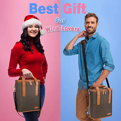 Tirrinia 6 Bottle Wine Gift carrier - Insulated & Padded Wine Carrying Cooler Tote Bag with Handle and Adjustable Shoulder Strap for Travel or Picnic, IDEAL Wine Lover Gift, Brown - color: Brown