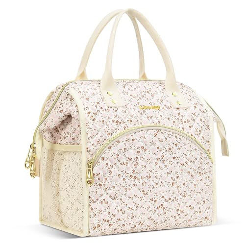 LOKASS Insulated Lunch Bag Women- Reusable 10 L Lunch Box for Women - Leakproof Tote Cooler Bag for Adults Work, Beach, Travel, Picnic （White Small Florals） - color: White Flower