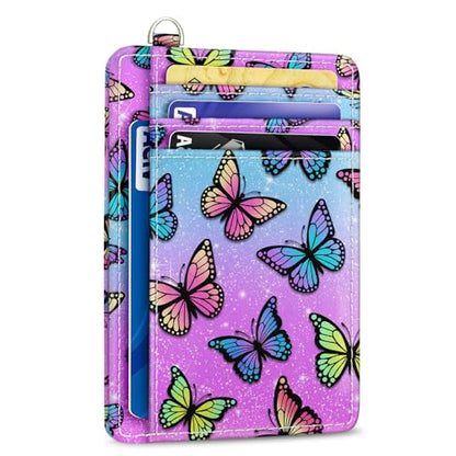 Yonlevres Credit Card Holder Slim Wallet, Butterfly RFID Wallet Women Front Pocket Small Card Holder, Travel Cute Funny Thin Card Case ID Window PU Leather RFID Blocking Card Organizer Gifts Girls - color: Butterfly