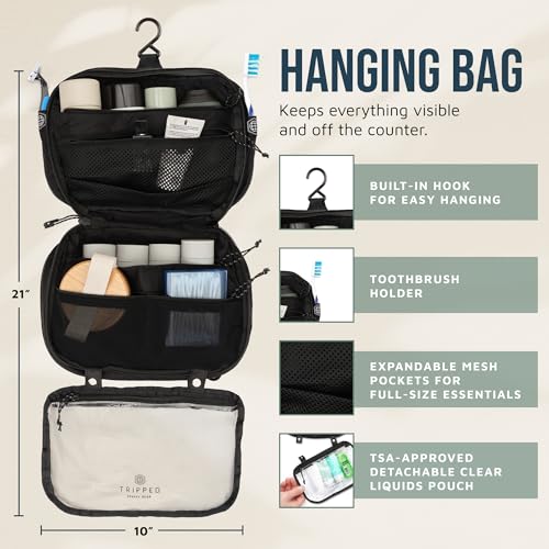 Toiletry Bag Kit 3 Piece Set: Hanging Travel Toiletry Bag + 311 TSA Cosmetic Liquid Bag + Accessory Organizer Pouch - color: Black Ripstop