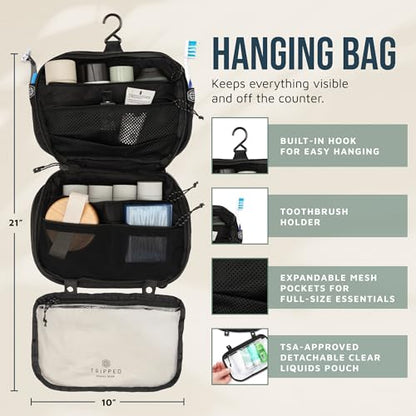 Toiletry Bag Kit 3 Piece Set: Hanging Travel Toiletry Bag + 311 TSA Cosmetic Liquid Bag + Accessory Organizer Pouch - color: Black Ripstop